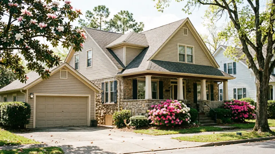 A light brown house with a garage door and pink flowering bushes.